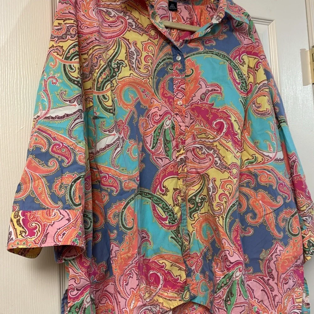 Chaps Ralph Lauren pastel paisley 3/4 sleeves button down shirt women’s 3x - Picture 3 of 5